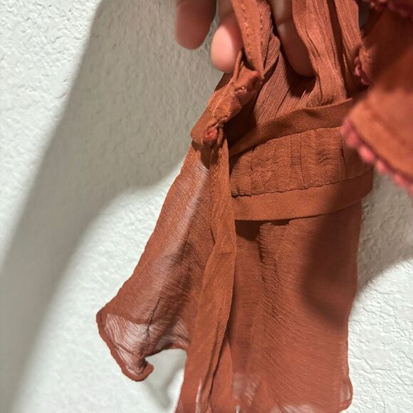NWOT Jonathan Simkhai Silk V-Neck Blouse XS Brown Long Sleeve Ruffle Lace Detail - Picture 5 of 10